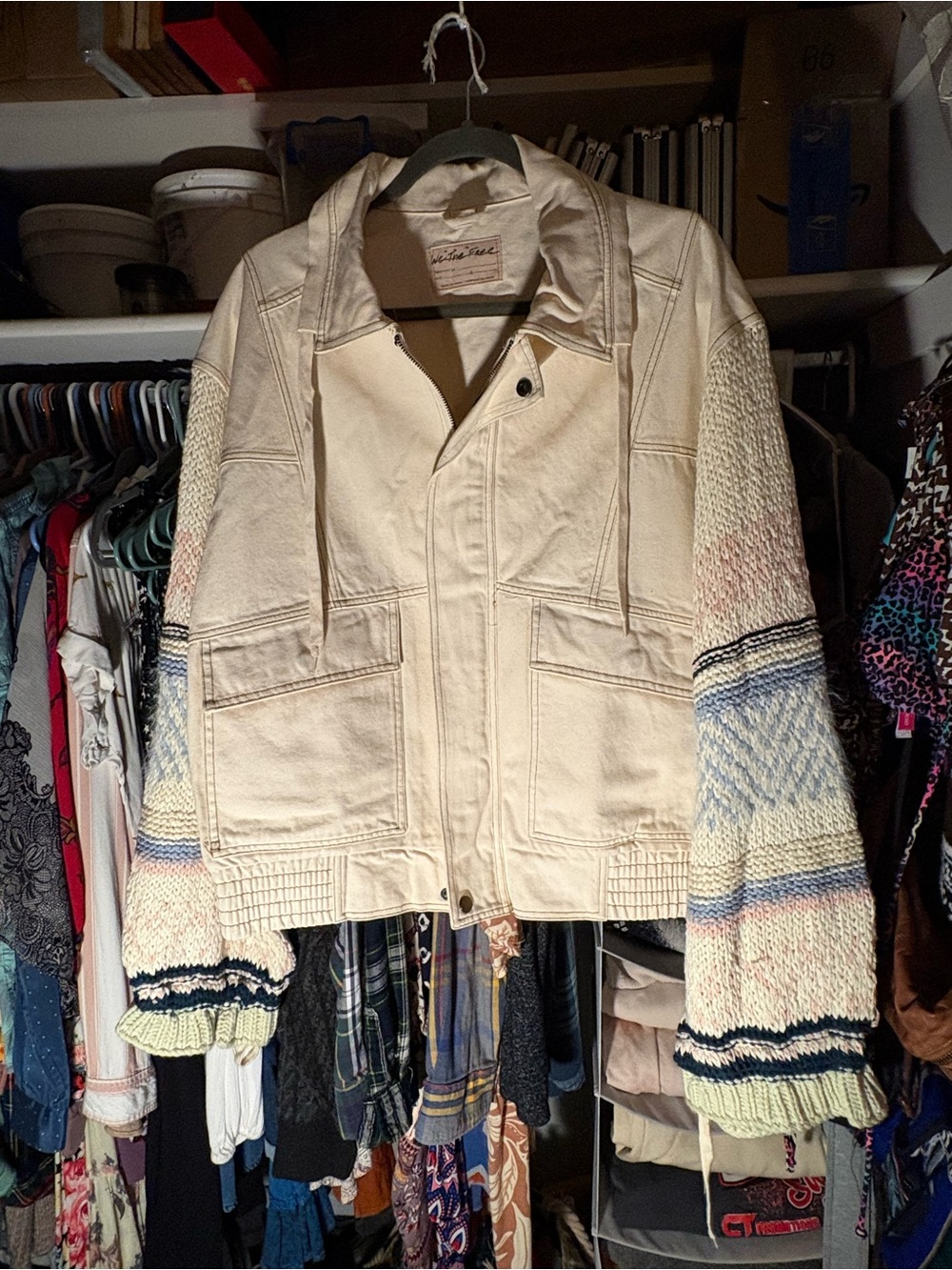 We The Free Cream Mixed-Media Jean Jacket with Knit Striped Sleeves
